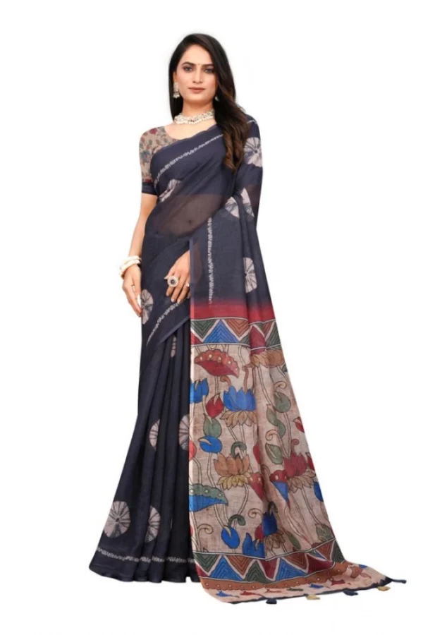 Women's Linen Printed Saree With Unstitched Blouse 5.5Mtr (Black)