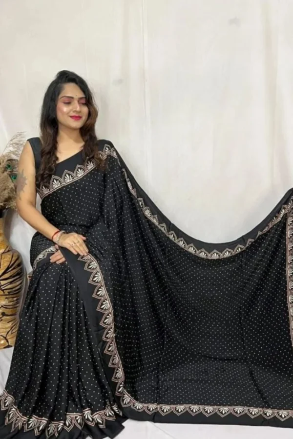 Women's Satin Printed Saree With Unstitched Blouse 5.5Mtr (Black)