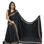 Women's Satin Printed Saree With Unstitched Blouse 5.5Mtr (Black) - Image 2