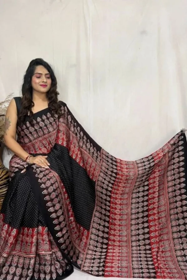 Women's Satin Printed Saree With Unstitched Blouse 5.5Mtr (Black)