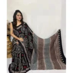 Women's Satin Printed Saree With Unstitched Blouse 5.5Mtr (Black)