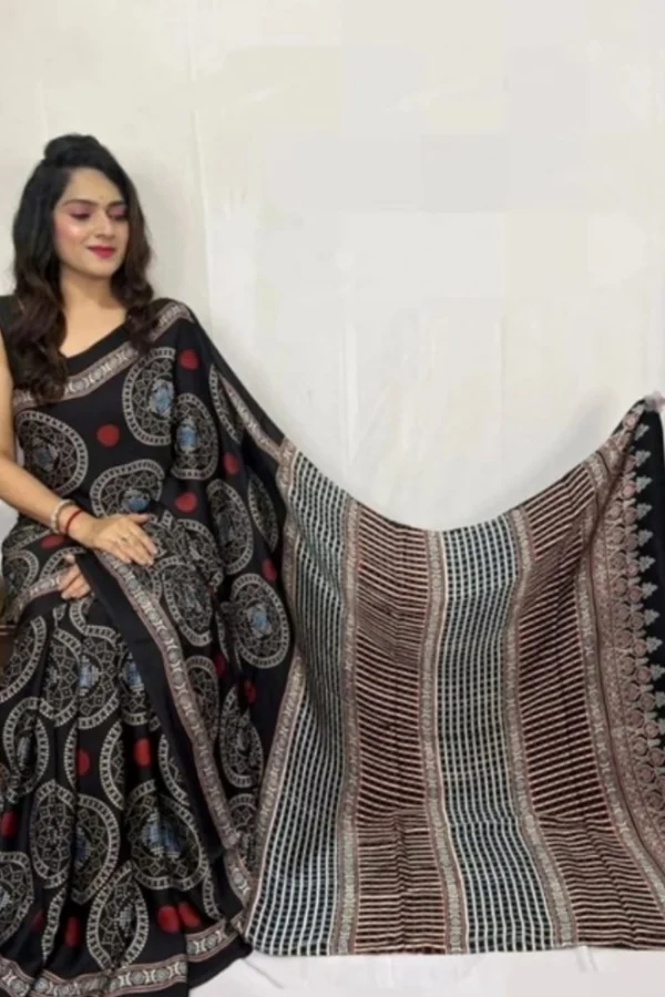 Women's Satin Printed Saree With Unstitched Blouse 5.5Mtr (Black)