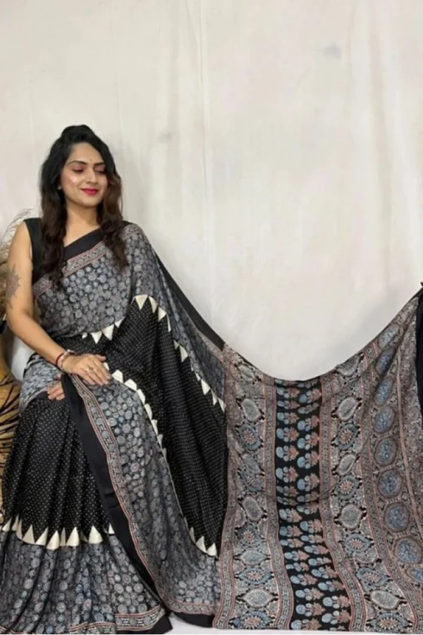 Women's Satin Printed Saree With Unstitched Blouse 5.5Mtr (Black)