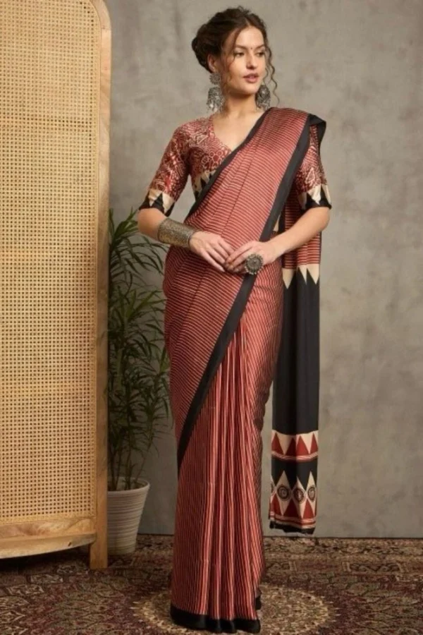 Women's Satin Printed Saree With Unstitched Blouse 5.5Mtr (Black)
