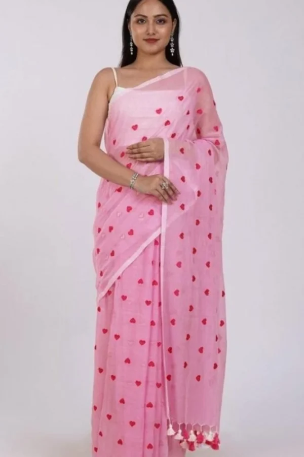 Women's Linen Printed Saree With Unstitched Blouse 5.5Mtr (Pink)