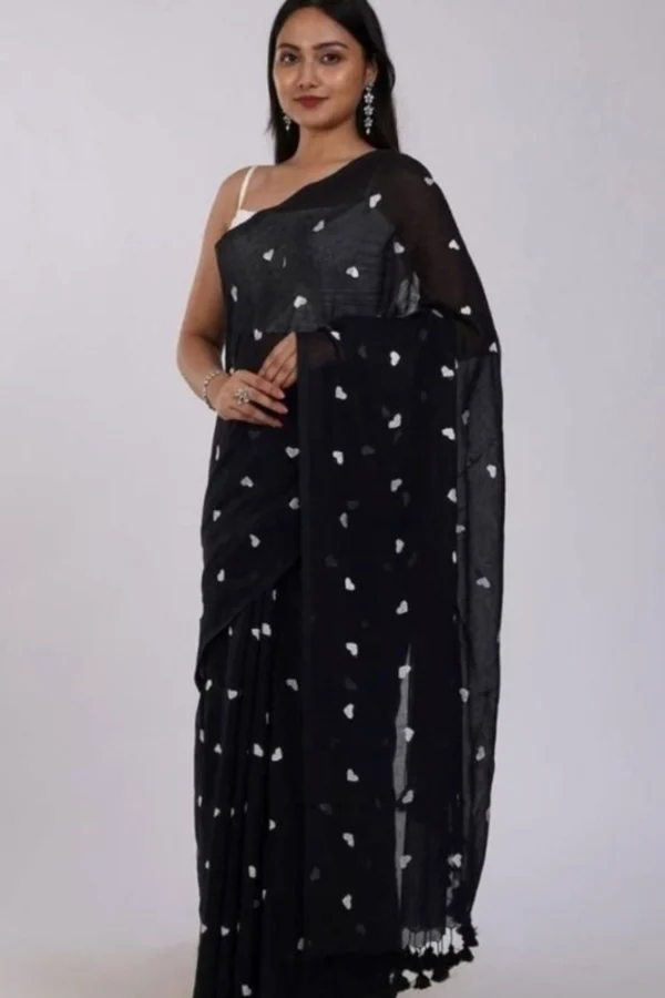 Women's Linen Printed Saree With Unstitched Blouse 5.5Mtr (Black)