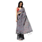 Women's Linen Printed Saree With Unstitched Blouse 5.5Mtr (Grey) - Image 2