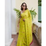Women's Linen Printed Saree With Unstitched Blouse 5.5Mtr (Light Green)