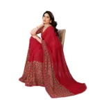 Women's Georgette Printed Saree With Unstitched Blouse 5.5Mtr (Red) - Image 2