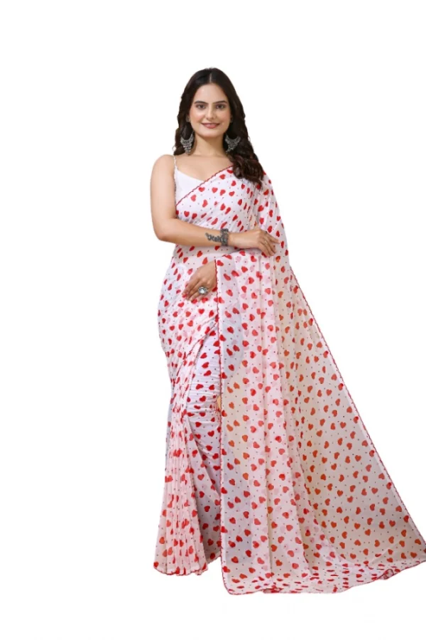 Women's Georgette Printed Saree With Unstitched Blouse 5.5Mtr (White-Red)
