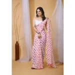 Women's Georgette Printed Saree With Unstitched Blouse 5.5Mtr (White-Red) - Image 3