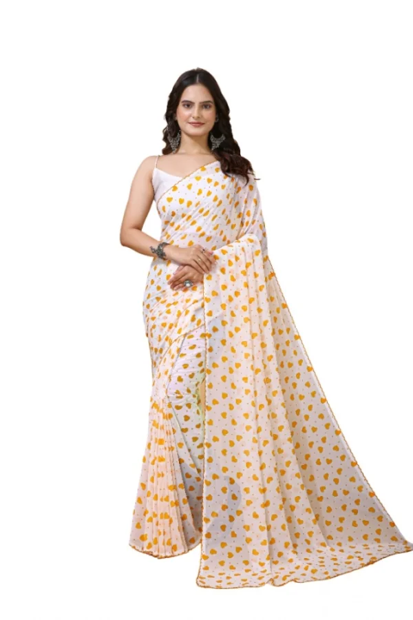 Women's Georgette Printed Saree With Unstitched Blouse 5.5Mtr (White-Yellow)