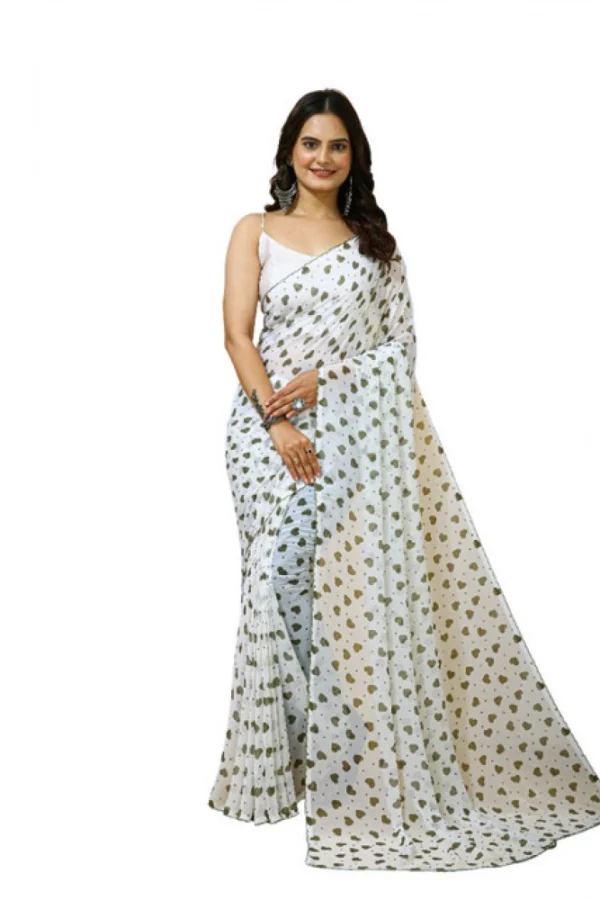 Women's Georgette Printed Saree With Unstitched Blouse 5.5Mtr (White-Grey)