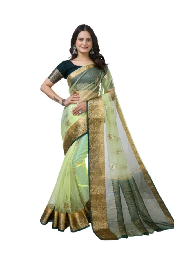 Women's Organza jacquard Embellished Saree With Unstitched Blouse 5.5Mtr (Light Green)