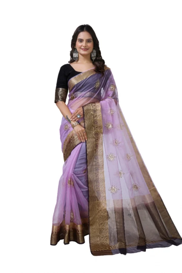 Women's Organza jacquard Embellished Saree With Unstitched Blouse 5.5Mtr (Purple)