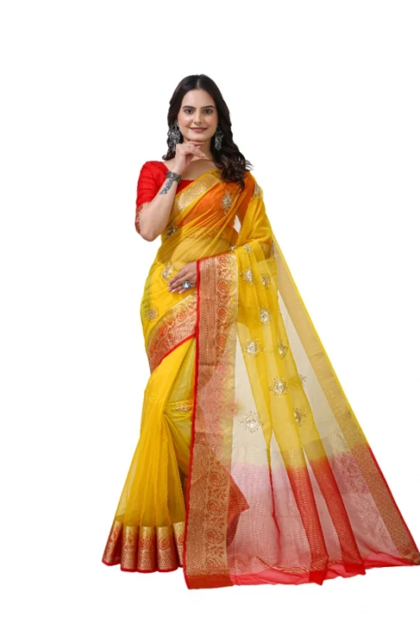 Women's Organza jacquard Embellished Saree With Unstitched Blouse 5.5Mtr (Yellow)