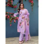 Women's Cotton Blend Printed Kurti With Pant Dupatta Set (Lavender) - Image 3