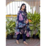 Women's Cotton Blend Printed Kurti With Pant Dupatta Set (NavyBlue) - Image 3