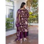 Women's Cotton Blend Printed Kurti With Pant Dupatta Set (Purple) - Image 4