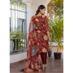 Women's Cotton Blend Printed Kurti With Pant Dupatta Set (Rust) - Image 3