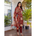 Women's Cotton Blend Printed Kurti With Pant Dupatta Set (Rust) - Image 4