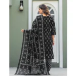 Women's Cotton Blend Printed Kurti With Pant Dupatta Set (Black) - Image 3