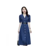 Women's Casual Denim Half Sleeves Dress (Blue)