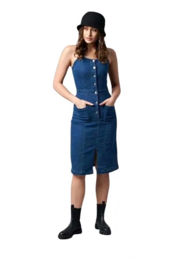 Women's Casual Denim Sleeveless Dress (Blue)