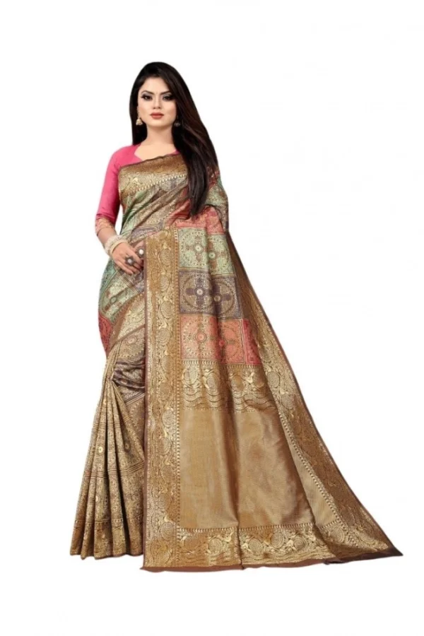 Women's Soft Lichi Silk Printed Saree With Unstitched Blouse 5.5Mtr (Gold)