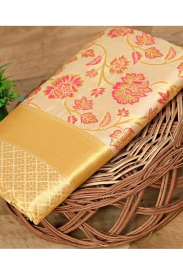 Women's Soft Lichi Silk Printed Saree With Unstitched Blouse 5.5Mtr (Gold)