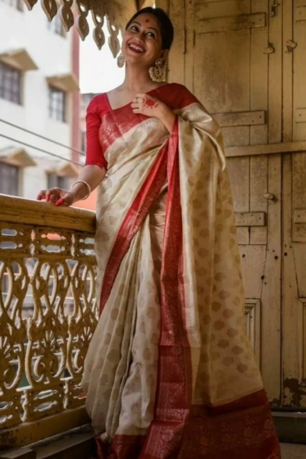 Women's Soft Lichi Silk Printed Saree With Unstitched Blouse 5.5Mtr (White)