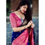 Women's Soft Lichi Silk Printed Saree With Unstitched Blouse 5.5Mtr (Blue) - Image 2