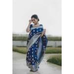 Women's Soft Lichi Silk Printed Saree With Unstitched Blouse 5.5Mtr (Blue) - Image 2