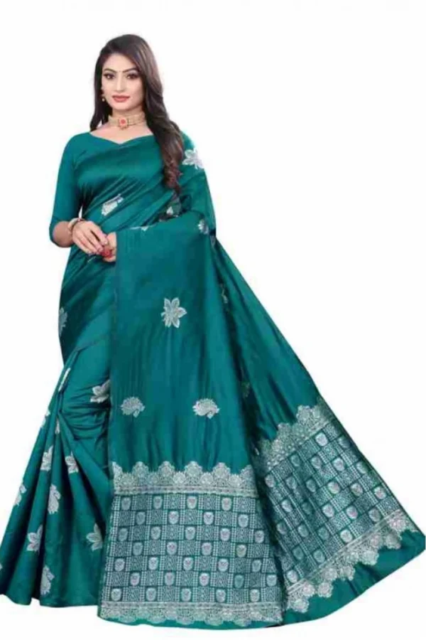 Women's Soft Lichi Silk Printed Saree With Unstitched Blouse 5.5Mtr (Rama)