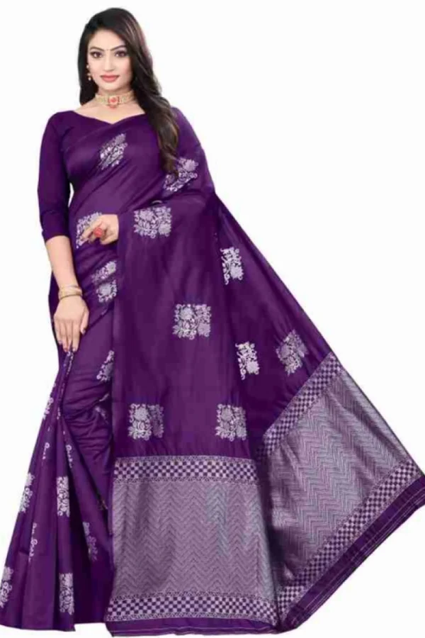 Women's Soft Lichi Silk Printed Saree With Unstitched Blouse 5.5Mtr (Purple)