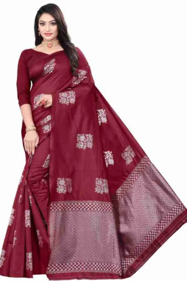 Women's Soft Lichi Silk Printed Saree With Unstitched Blouse 5.5Mtr (Maroon)