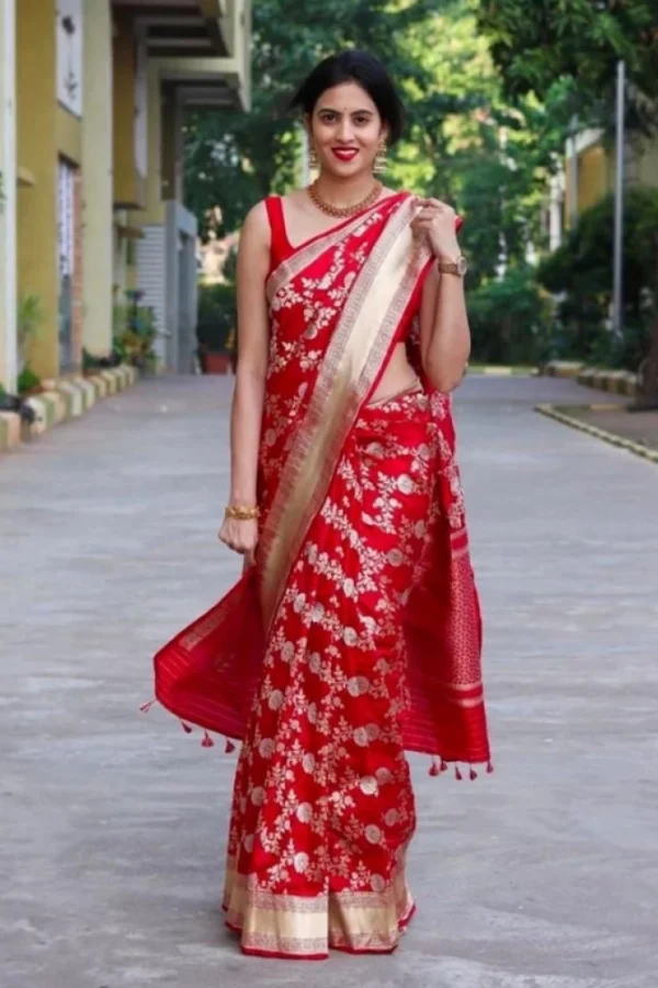 Women's Soft Lichi Silk Printed Saree With Unstitched Blouse 5.5Mtr (Red)