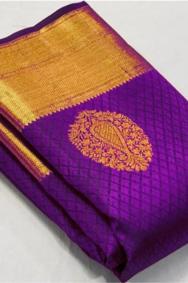 Women's Soft Lichi Silk Printed Saree With Unstitched Blouse 5.5Mtr (Purple)