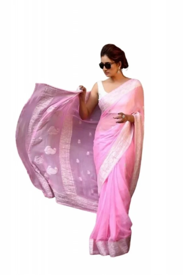Women's Soft Lichi Silk Printed Saree With Unstitched Blouse 5.5Mtr (Pink)