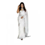 Women's Soft Lichi Silk Printed Saree With Unstitched Blouse 5.5Mtr (White)