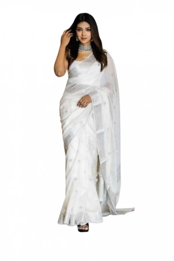 Women's Soft Lichi Silk Printed Saree With Unstitched Blouse 5.5Mtr (White)