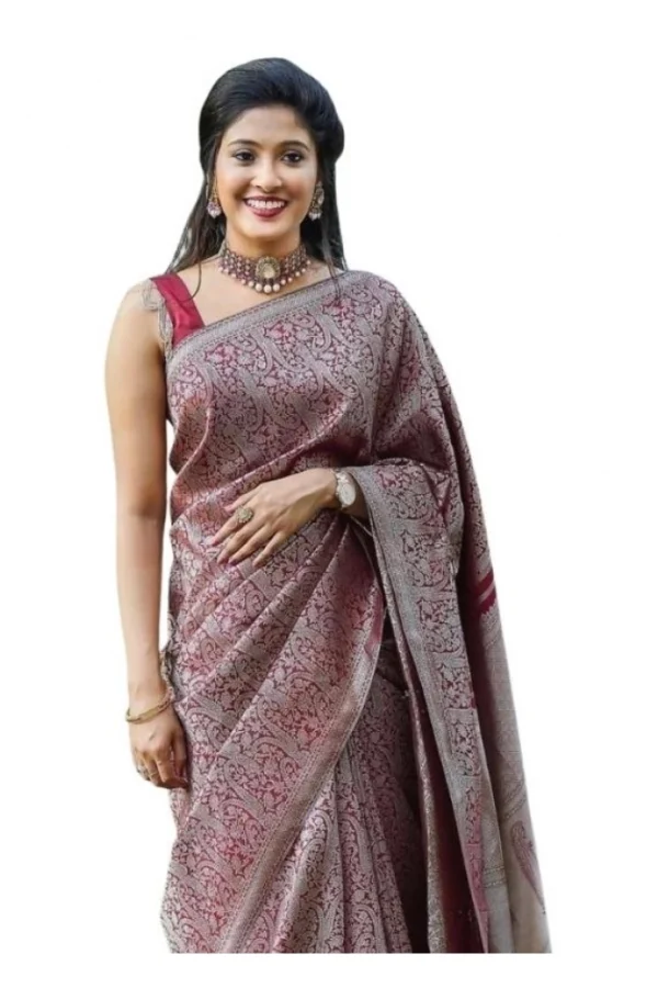 Women's Soft Lichi Silk Printed Saree With Unstitched Blouse 5.5Mtr (Wine)