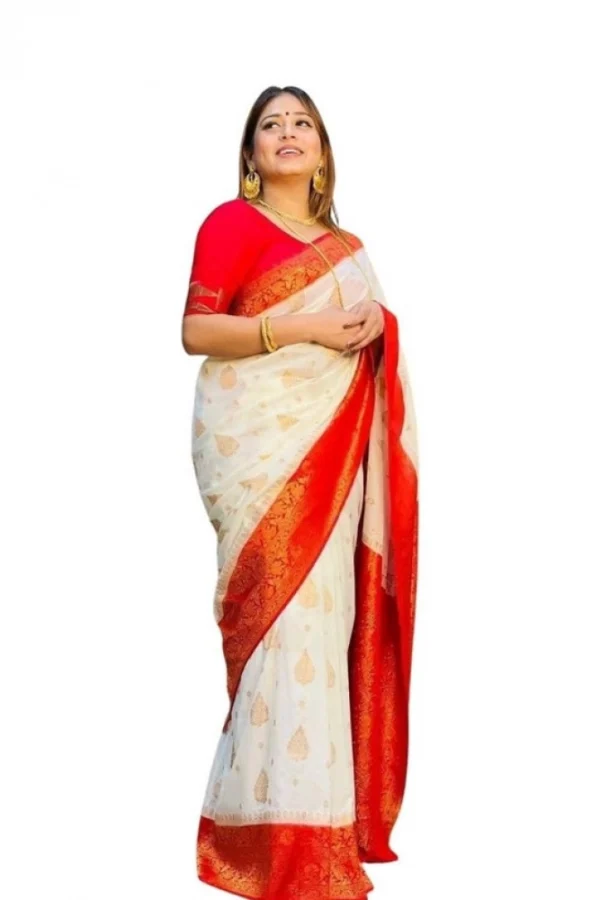 Women's Soft Lichi Silk Printed Saree With Unstitched Blouse 5.5Mtr (White)