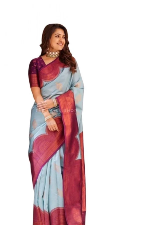 Women's Soft Lichi Silk Printed Saree With Unstitched Blouse 5.5Mtr (Light-Blue)