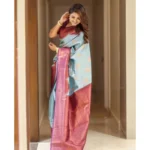 Women's Soft Lichi Silk Printed Saree With Unstitched Blouse 5.5Mtr (Light-Blue) - Image 2