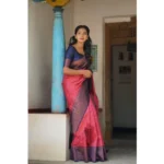 Women's Soft Lichi Silk Printed Saree With Unstitched Blouse 5.5Mtr (Red) - Image 2
