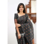 Women's Soft Lichi Silk Printed Saree With Unstitched Blouse 5.5Mtr (Black) - Image 2
