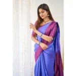 Women's Soft Lichi Silk Printed Saree With Unstitched Blouse 5.5Mtr (Blue) - Image 2