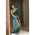 Women's Soft Lichi Silk Printed Saree With Unstitched Blouse 5.5Mtr (Green) - Image 2