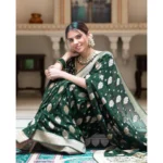 Women's Soft Lichi Silk Printed Saree With Unstitched Blouse 5.5Mtr (Green) - Image 2
